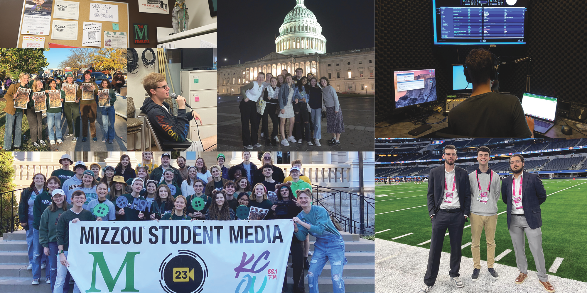 Collage of photos of Mizzou Student Media staffers with newspapers, at the United States Capitol, in front of a studio monitor, holding a microphone, on the field at a football stadium, and a group photo holding a sign that says 'Mizzou Student Media'